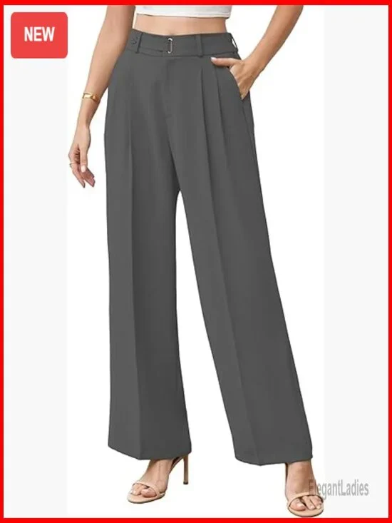 Wide Leg Business Casual Pants Polyester Wrinkle Resistant Office Trousers - Picture 1 of 7
